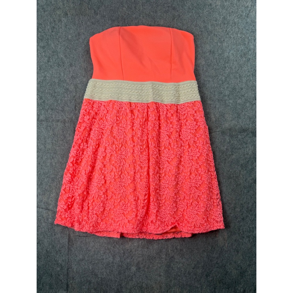rue21 Womens Neon Coral Strapless Lace Mini Dress‎ Gold Waistband Size M